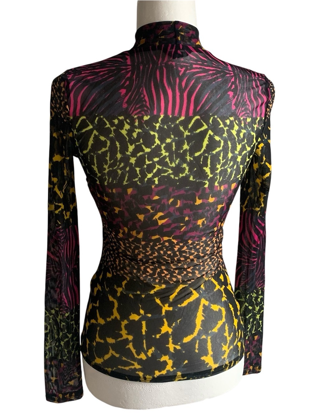 Guess Statement Top Sheer Mesh Mock Neck LS Abstract Animal Black Fuchsia Gold S - Picture 8 of 10